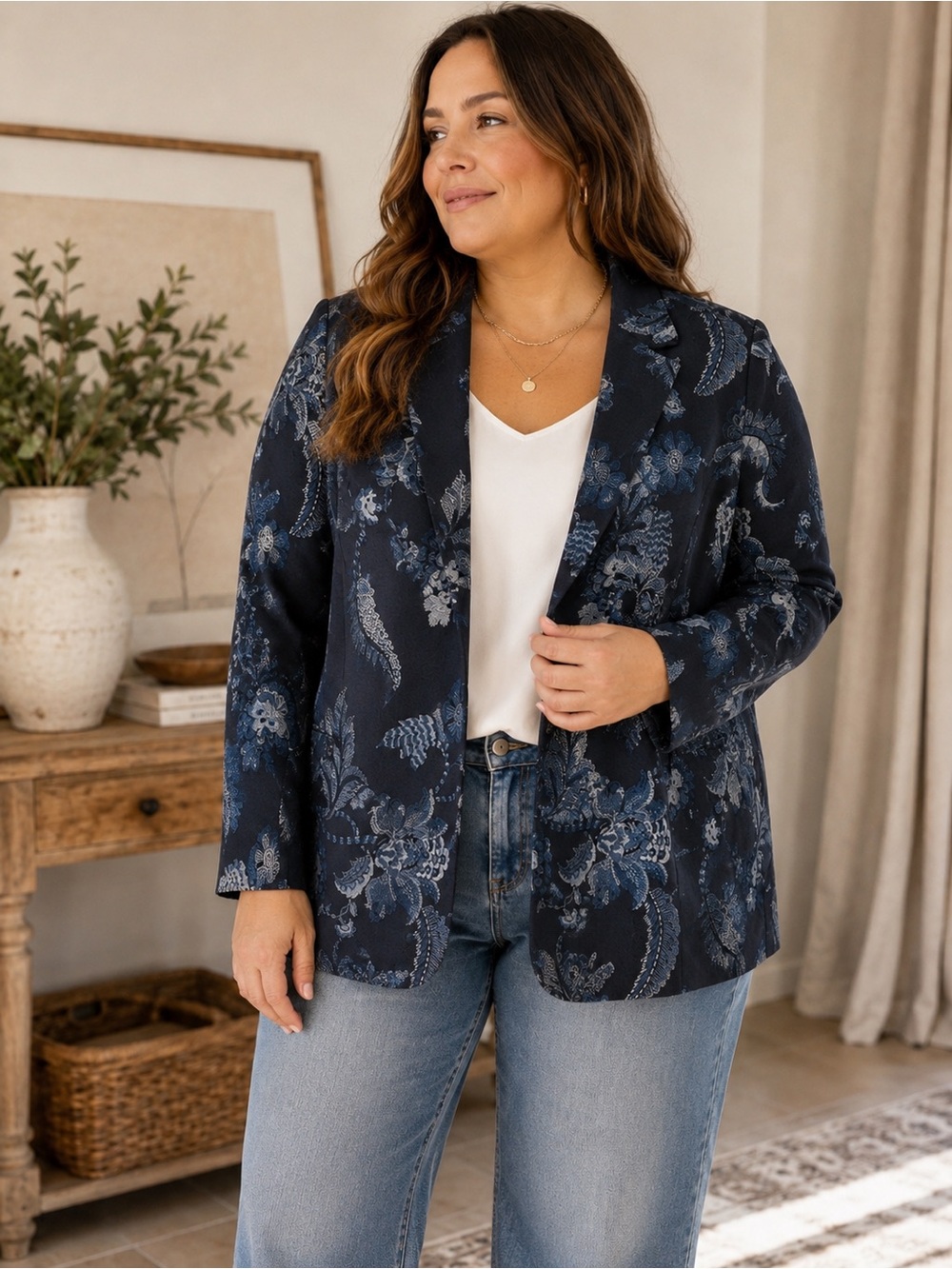 Chico’s Floral Jacquard Navy Jacquard Office Evening Jacket 3= XL NEW